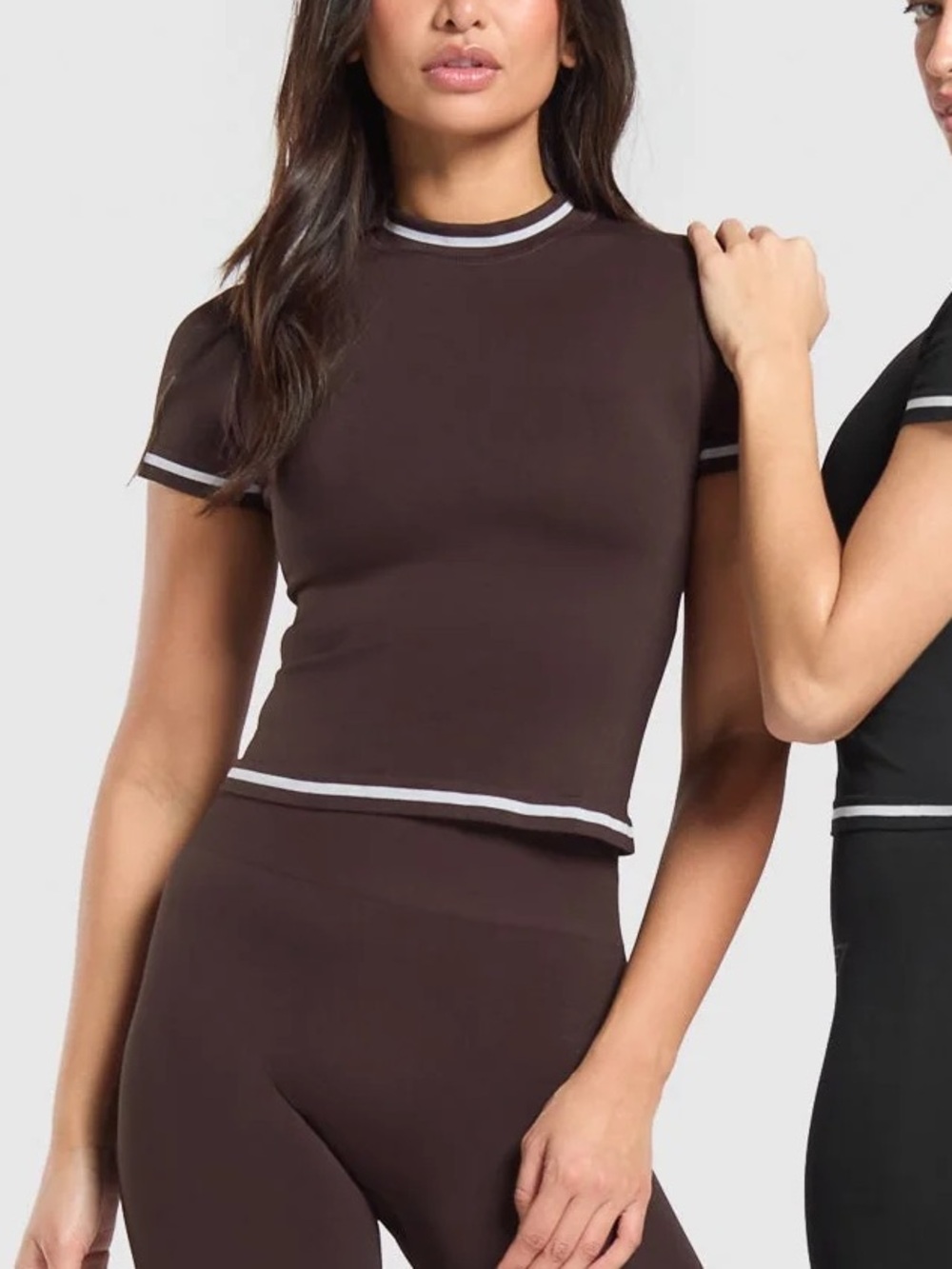 Gymshark Brown Cropped Ringer Tee with White Trim